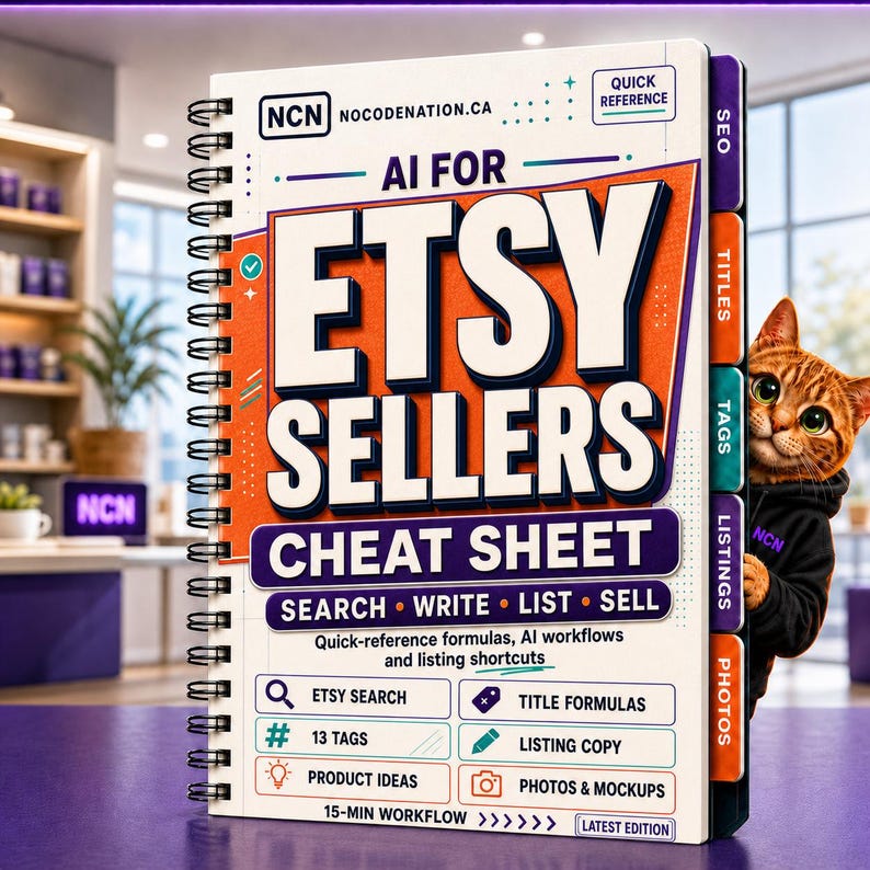 May include: A spiral-bound cheat sheet titled AI FOR ETSY SELLERS with the subtitle CHEAT SHEET and SEARCH WRITE LIST SELL. The cover features sections for Etsy Search, 13 Tags, Product Ideas, Title Formulas, Listing Copy, and Photos & Mockups.