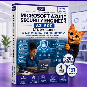 Puede incluir: Un libro de guía de estudio Microsoft Azure Security Engineer AZ-500 edición 2026 con una persona usando una laptop, un gráfico de escudo de seguridad digital y un gato naranja. La portada detalla 320+ preguntas de práctica y 191 páginas.