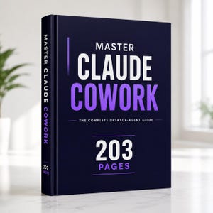 May include: A dark blue hardcover book titled Master Claude Cowork, The Complete Desktop-Agent Guide. The front cover features white and purple text, with the number 203 and the word Pages displayed prominently in the center and on the spine.
