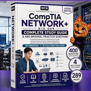 Pode incluir: Um livro de guia de estudo completo CompTIA Network+ N10-009 com capa branca apresentando um diagrama de rede, uma pessoa usando um laptop e uma ilustração de um gato laranja. O texto inclui 400 perguntas e 289 páginas.