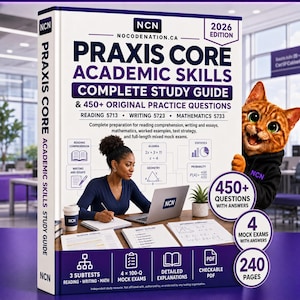 Pode incluir: Um guia de estudo completo Praxis Core Academic Skills edição 2026 com capa branca, texto azul escuro, uma pessoa trabalhando em um laptop e um gato. A capa inclui 450+ questões, 4 exames simulados e 240 páginas.