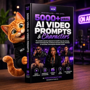 May include: A black hardcover book titled 5000+ Viral AI Video Prompts & Characters by Nocodenation. The cover features purple text, a list of AI tools, and images of people. An orange cartoon cat in a black hoodie peeks from behind the book.