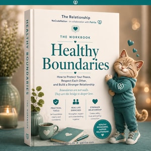May include: A hardcover book titled The Relationship: Healthy Boundaries, The Workbook. The cover features teal text, a small cat wearing a teal hoodie, and icons for practical tools, real-life exercises, and stronger relationships on a cream background.