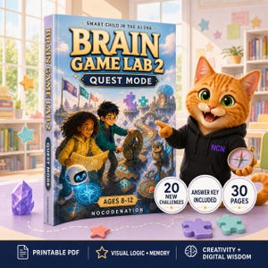 May include: A book titled Brain Game Lab 2 Quest Mode featuring an orange cat in a black hoodie holding a compass. The cover shows two children, a small robot, and an owl on a path. Text includes Ages 8-12, 20 New Challenges, and 30 Pages.