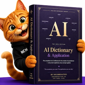 May include: An orange cat wearing a black hoodie with the text NCN holds a large, dark purple book titled AI Dictionary & Application, The 2026 Edition. The cover features gold text, a diagram of AI terms, and the publisher name NOCODENATION.