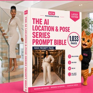 May include: A white book titled The AI Location & Pose Series Prompt Bible with pink text and accents. The cover features a photo of a person in a beige outfit, a 1033 pages badge, and a cartoon orange cat wearing a black hoodie with NCN text.
