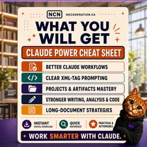 May include: A rectangular informational sign titled CLAUDE POWER CHEAT SHEET with the NCN logo and website. It lists five key benefits including better workflows, XML-tag prompting, and document strategies, featuring a cartoon cat in a hoodie.