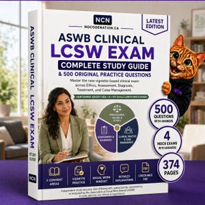 Può includere: Un manuale di studio bianco intitolato ASWB Clinical LCSW Exam Complete Study Guide & 500 Original Practice Questions. La copertina mostra una persona che scrive su un taccuino, un gatto dei cartoni animati e un diagramma circolare a tre sezioni.