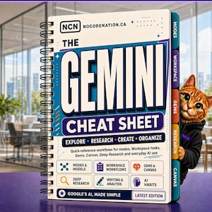 Op de afbeelding: Een spiraalgebonden Gemini Cheat Sheet gids met een witte kaft, blauwe en paarse tekst, inclusief de titel, het NCN-logo en secties voor modi, werkruimte, gems en onderzoek. Een kleine oranje cyperse kat draagt een zwarte hoodie en kijkt opzij.