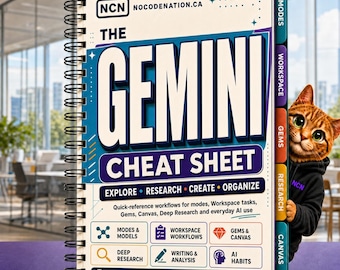 May include: A spiral-bound Gemini Cheat Sheet guide featuring a white cover with blue and purple text, including the title, NCN logo, and sections for modes, workspace, gems, and research. A small orange tabby cat wearing a black hoodie peeks from the side.