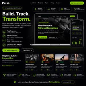 May include: A website template for fitness businesses, coaches, and gyms, with a modern design. The template features a laptop and smartphone displaying fitness tracking data. Text includes "Build. Track. Transform." and "Instant Download."