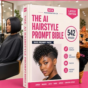 Könnte beinhalten: Ein dickes Buch mit dem Titel The AI Hairstyle Prompt Bible mit cremefarbenem Einband, rosa Text und einem zentralen Bild einer Person mit kurzem, lockigem Haar. Das Cover zeigt 542 pages, 1000 prompt pack und listet Stile wie afros, braids, locs, bobs, updos und creative styles auf.