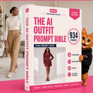 Könnte beinhalten: Ein großes weißes Buch mit dem Titel The AI Outfit Prompt Bible in pinker Schrift und einer Grafik einer Person im bordeauxroten Blazer-Kleid. Das Cover zeigt 934 pages, 1000 prompt pack und NCN nocodenation.ca. Eine Comic-Katze steht daneben.