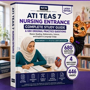 Pode incluir: Um livro de estudo branco intitulado ATI TEAS 7 NURSING ENTRANCE COMPLETE STUDY GUIDE & 680 ORIGINAL PRACTICE QUESTIONS. A capa mostra uma pessoa escrevendo num caderno, um modelo de coração e um gato. Inclui 446 páginas e 4 exames simulados.