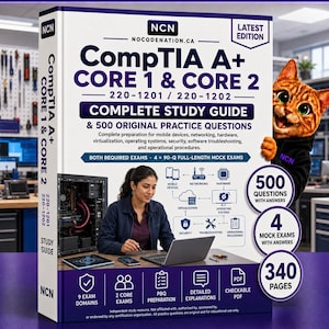 Pode incluir: Um livro de estudo CompTIA A+ Core 1 & Core 2 com capa branca e roxa. A capa apresenta texto, uma pessoa usando um laptop, uma torre de computador e um gato de desenho animado. Inclui 500 questões, 4 exames simulados e 340 páginas.