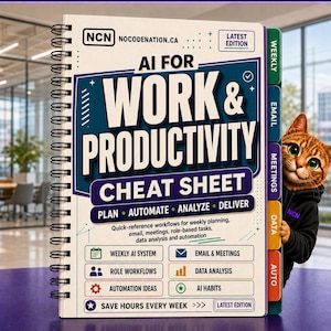 May include: A spiral-bound notebook titled AI FOR WORK & PRODUCTIVITY CHEAT SHEET with a white cover, colorful section tabs, and a graphic of a cat wearing a black hoodie. The cover features text including PLAN, AUTOMATE, ANALYZE, DELIVER and NCN.