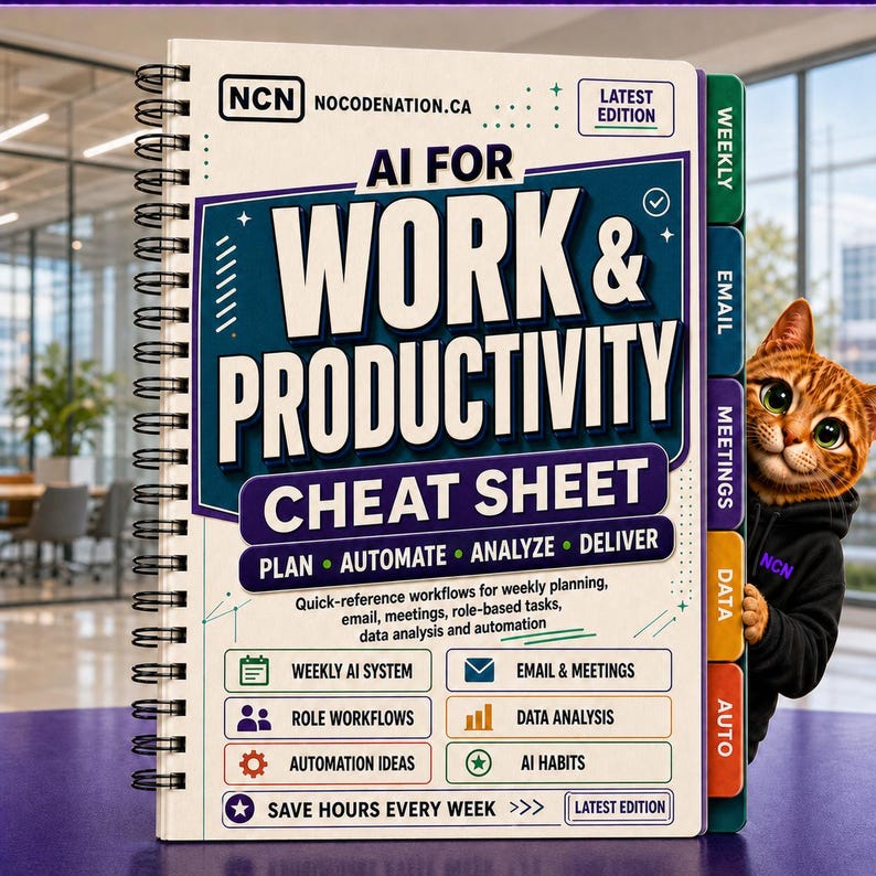 May include: A spiral-bound notebook titled AI FOR WORK & PRODUCTIVITY CHEAT SHEET with a white cover, colorful section tabs, and a graphic of a cat wearing a black hoodie. The cover features text including PLAN, AUTOMATE, ANALYZE, DELIVER and NCN.