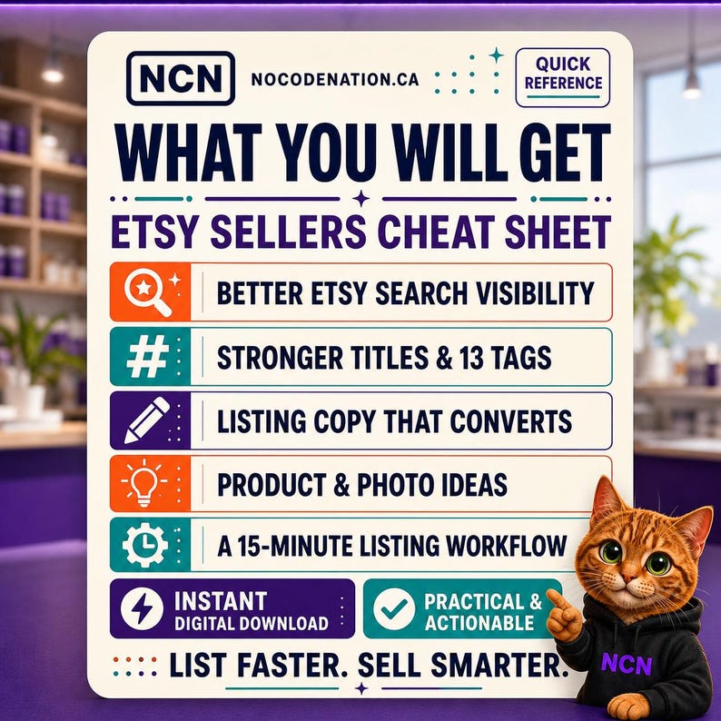 May include: A white rectangular Etsy sellers cheat sheet with dark blue text. It lists benefits like better search visibility, stronger titles, and a 15-minute workflow. A small orange tabby cat in a black hoodie is positioned at the bottom right corner.