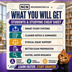 May include: A rectangular informational sign titled WHAT YOU WILL GET STUDENTS & STUDYING CHEAT SHEET from NOCODENATION.CA. It lists five study benefits with icons, including smart study systems, clearer notes, and research, plus a cat in a hoodie.