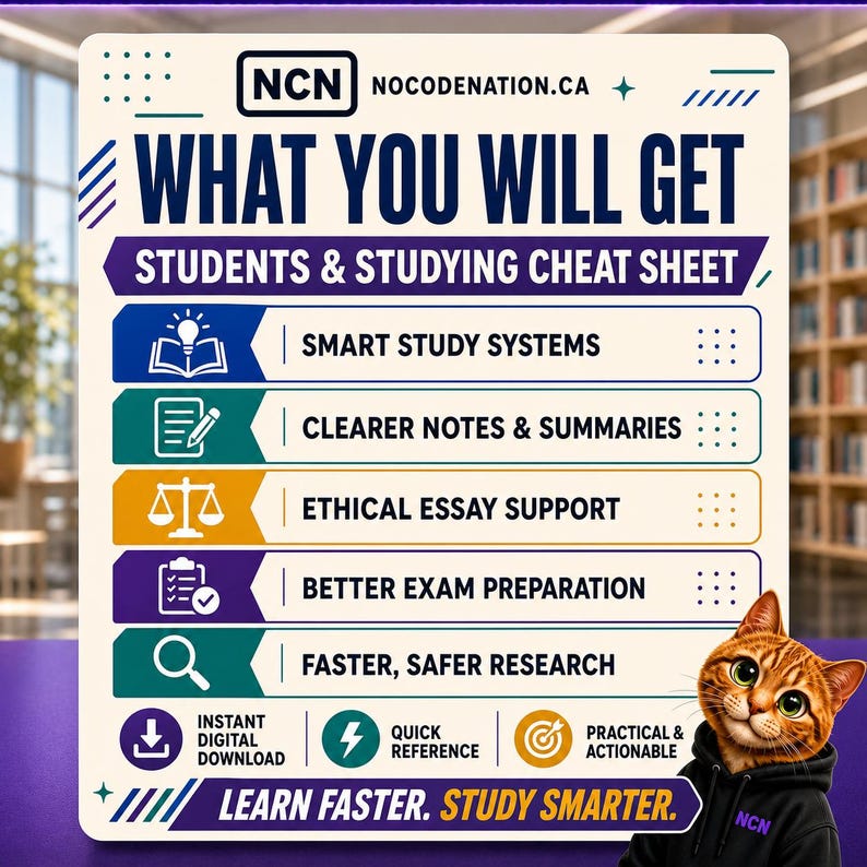 May include: A rectangular informational sign titled WHAT YOU WILL GET STUDENTS & STUDYING CHEAT SHEET from NOCODENATION.CA. It lists five study benefits with icons, including smart study systems, clearer notes, and research, plus a cat in a hoodie.