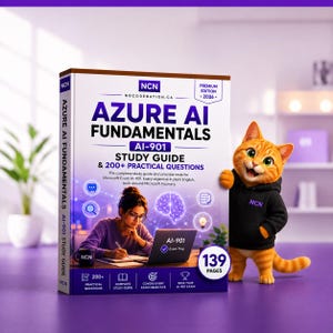 May include: A rectangular study guide book titled Azure AI Fundamentals AI-901 with 139 pages, featuring a purple cover, a graphic of a person using a laptop, and an orange cat wearing a black hoodie standing next to the book on a purple surface.