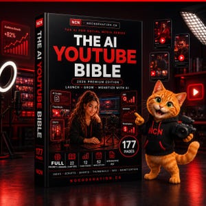 May include: A black book titled The AI YouTube Bible 2026 Premium Edition with red text and graphics. An orange tabby cat in a black hoodie holds a camera next to the book. The cover features a person at a computer and lists 177 pages and content.