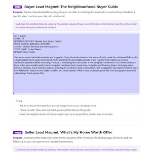 May include: A digital document titled AI Real Estate Prompt Playbook from NCN NOCODENATION.CA. The page features a purple header and footer, with text outlining a Buyer Lead Magnet guide for Austin, TX, including specific neighbourhood and price details.