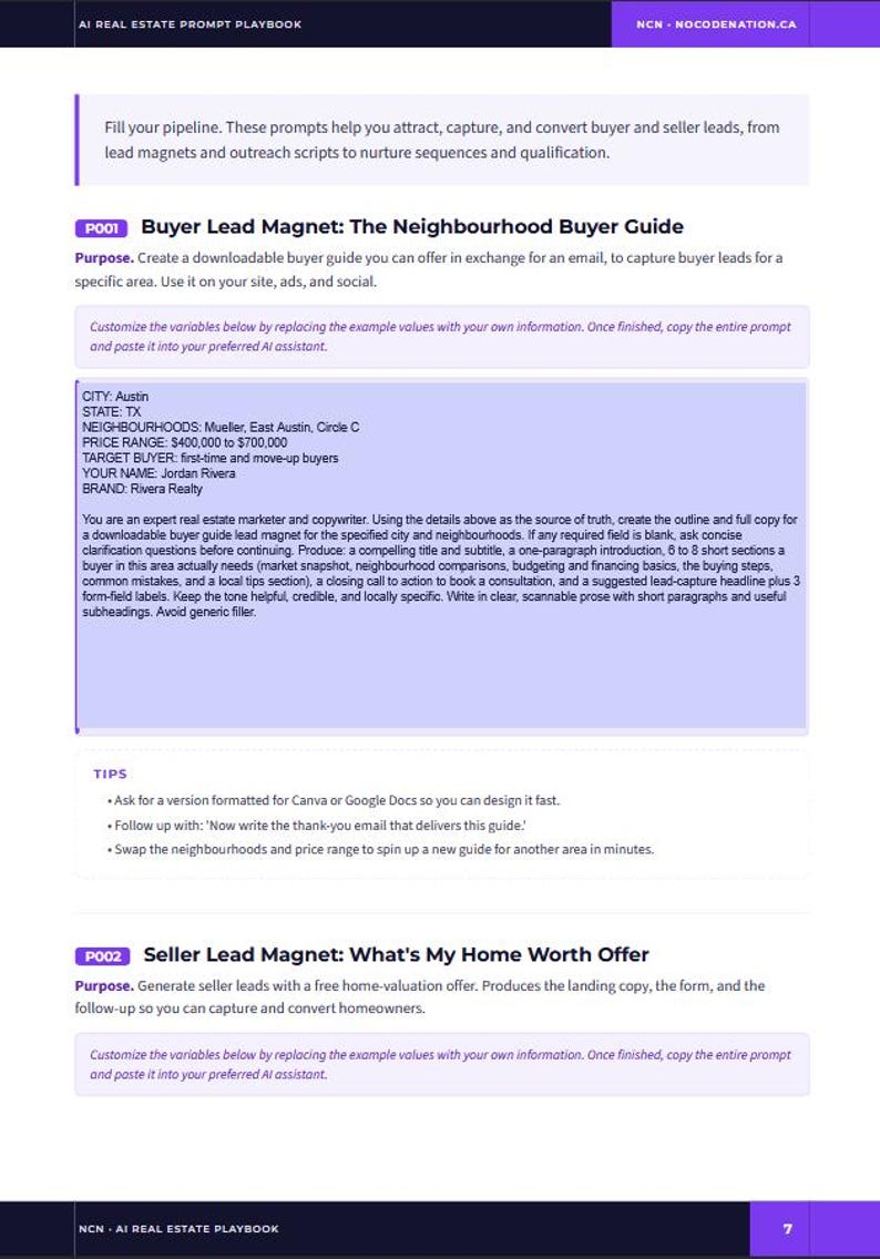 May include: A digital document titled AI Real Estate Prompt Playbook from NCN NOCODENATION.CA. The page features a purple header and footer, with text outlining a Buyer Lead Magnet guide for Austin, TX, including specific neighbourhood and price details.