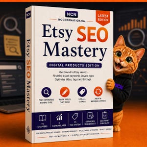 May include: A white book titled Etsy SEO Mastery Digital Products Edition with orange and dark blue text. The cover features icons for keyword research, titles, and tags, alongside a cartoon orange tabby cat wearing a black hoodie.