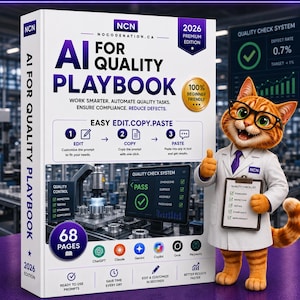 Puede incluir: Un libro blanco titulado AI FOR QUALITY PLAYBOOK 2026 PREMIUM EDITION con un gato naranja de dibujos animados con bata de laboratorio que sostiene una lista de verificación. La portada muestra texto sobre automatización y herramientas de IA.