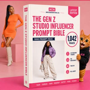 May include: A large white book titled The Gen Z Studio Influencer Prompt Bible with pink text and graphics. The cover features a photo of a person in a purple puffer jacket, a 1,042 pages badge, and icons for fashion themes, 8K, and full-body.