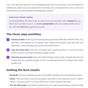 May include: A white document titled Your daily AI toolkit for real estate with purple accents. It contains text describing a three-step workflow for using AI prompts, including instructions to edit variables, copy blocks, and paste into an AI assistant.