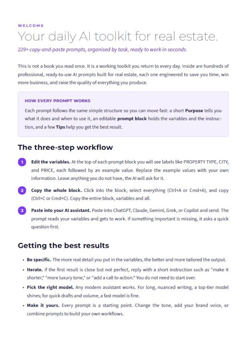 May include: A white document titled Your daily AI toolkit for real estate with purple accents. It contains text describing a three-step workflow for using AI prompts, including instructions to edit variables, copy blocks, and paste into an AI assistant.