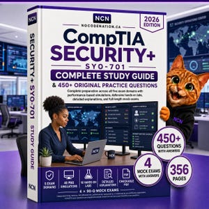 May include: A 2026 edition CompTIA Security+ SYO-701 complete study guide book featuring a person working on a laptop, a digital security dashboard, and a cartoon cat. The cover includes text detailing 450+ practice questions and 356 pages.