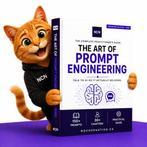 May include: An orange cartoon cat wearing a black hoodie with NCN text holds a white book titled The Art of Prompt Engineering. The cover features a brain circuit graphic, speech bubble icon, and text including 150+ Prompts and 30+ Chapters.