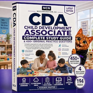May include: A CDA Child Development Associate complete study guide book featuring a cover with text, a cartoon cat, and images of children learning. The book includes 450+ original practice questions, 4 mock exams, and 194 pages for exam preparation.