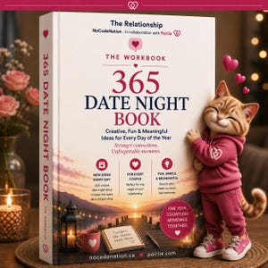 May include: A hardback book titled 365 Date Night Book with a sunset landscape cover featuring a lantern, a mug, and a notebook. A cartoon orange tabby cat wearing a pink hoodie and trainers stands beside the book, which includes text about date night ideas.