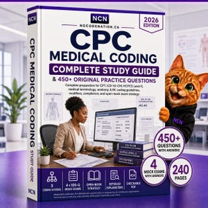 May include: A 2026 edition CPC Medical Coding complete study guide book featuring a white cover with dark blue text, a graphic of a person working at a computer, and an orange cat. The book includes 450+ practice questions and 4 mock exams.