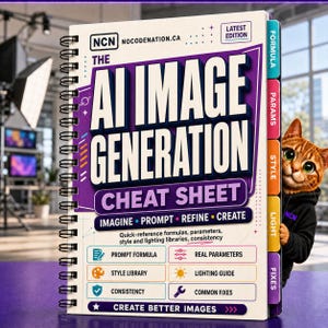 May include: A spiral-bound cheat sheet titled The AI Image Generation Cheat Sheet with a white cover, purple accents, and colourful tabs labelled Formula, Params, Style, Light, and Fixes. A small brown tabby cat peeks from behind the book.