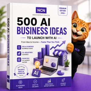 May include: A white book titled 500 AI BUSINESS IDEAS TO LAUNCH WITH AI, featuring a cartoon orange cat in a black hoodie. The cover displays purple graphics of a laptop, a house, a lightbulb, and charts, with text including NOCODENATION.CA.