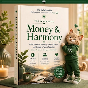 May include: A hardcover book titled Money & Harmony: The Workbook, featuring a landscape cover with a lake and mountains. A cartoon ginger cat in a green hoodie stands beside the book. The cover includes text about financial intimacy and tools.