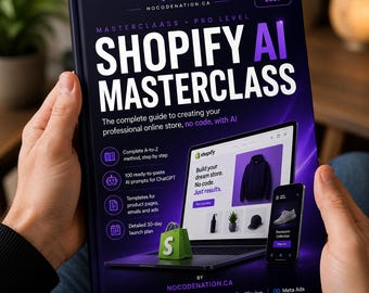 May include: A book titled "Shopify AI Masterclass" held by a person. The cover is dark with white and purple text. It includes the text "The complete guide to creating your professional online store, no code, with AI."