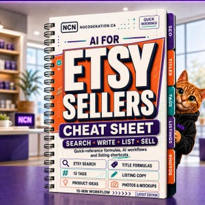 May include: A spiral-bound cheat sheet titled AI FOR ETSY SELLERS with the subtitle CHEAT SHEET and SEARCH WRITE LIST SELL. The cover features sections for Etsy Search, 13 Tags, Product Ideas, Title Formulas, Listing Copy, and Photos & Mockups.
