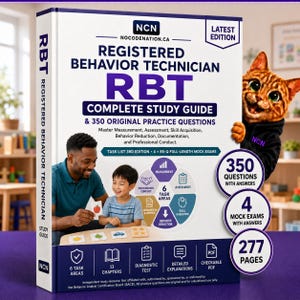 May include: A Registered Behavior Technician RBT complete study guide book with a white cover featuring text, a photo of an adult and child with flashcards, a circular diagram of 6 task areas, and a cartoon cat. It includes 350 questions and 4 mock exams.