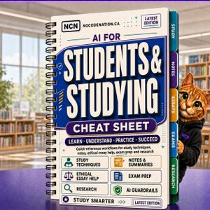 May include: A spiral-bound study guide titled AI FOR STUDENTS & STUDYING CHEAT SHEET with a white cover, blue text, and colorful index tabs. A cartoon cat wearing a black hoodie is visible on the right side. The guide includes sections for study techniques, notes, exam prep, and research.