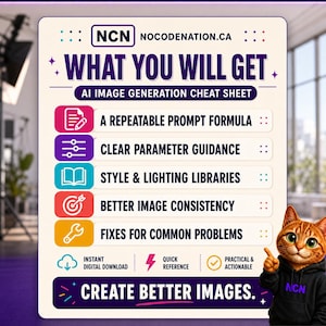 May include: An AI image generation cheat sheet from NOCODENATION.CA titled WHAT YOU WILL GET. It lists a repeatable prompt formula, clear parameter guidance, style and lighting libraries, better image consistency, and fixes for common problems.