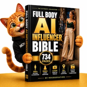 May include: A hardback book titled Full Body AI Influencer Bible by NocoDenation, featuring a cartoon orange tabby cat in a black hoodie holding the book. The cover displays a woman in a green top and beige trousers, with 734 pages listed.