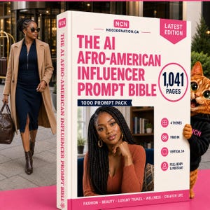 May include: A thick white book titled The AI Afro-American Influencer Prompt Bible with pink text and a 1,041 pages badge. The cover features a photo of a person with braided hair in a rust-colored top, alongside a cartoon cat and technical icons.
