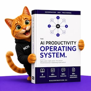 May include: An orange tabby cat wearing a black hoodie with NCN text holds a white book titled The AI Productivity Operating System. The cover features a circular diagram with numbers one through eight, plus text detailing modules, frameworks, and templates.