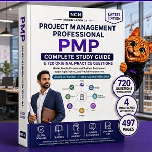 Puede incluir: Un libro de guía de estudio completo PMP Project Management Professional blanco con un hombre en traje azul, un diagrama circular de dominios de proyecto y un gato de dibujos animados. La portada incluye texto sobre 720 preguntas y 4 exámenes.
